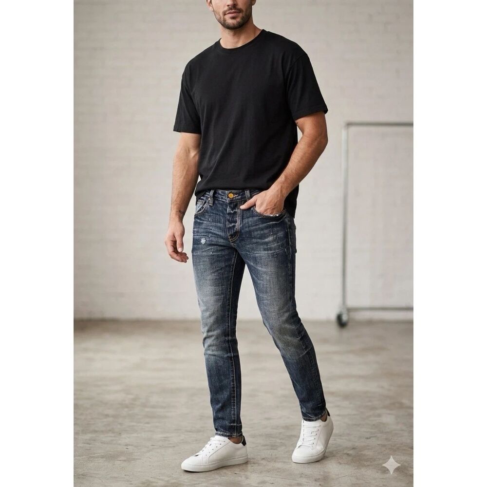 Mnml Denim Jeans Mens 31x33 Distressed Button Fly Slim Fit tapered ankle stretch